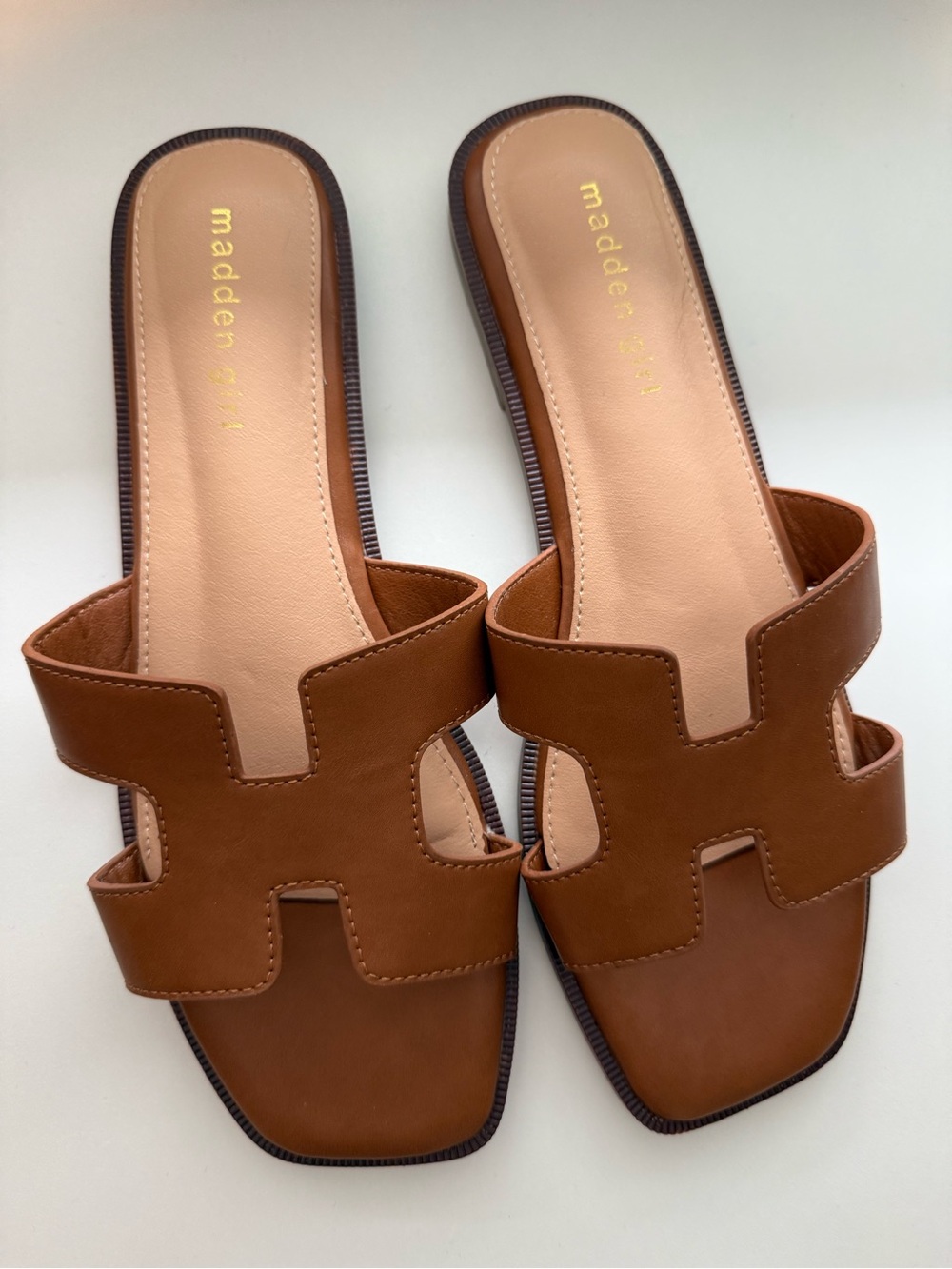 Madden Girl Cognac Brown Cutout Slide Sandals